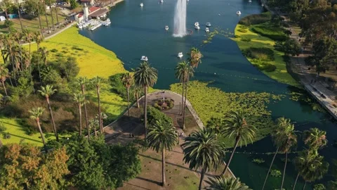 Echo Park Lake ascending shot showing fountain, palm trees, Downtown Los Angeles Stock Footage 336634435