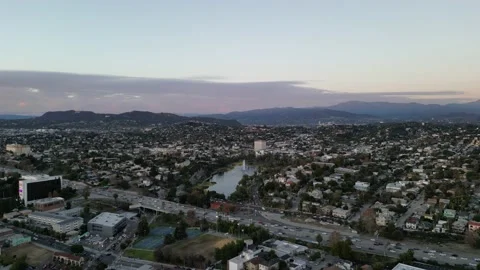 Echo Park Lake Drone flying Los Angeles, CA Video stock 223940041