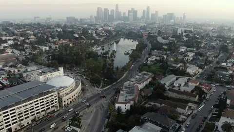 Echo Park Lake DTLA Drone Los Angeles California Stock Footage 124947665