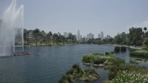 Echo Park Lake Flyover Stock Footage 109236913