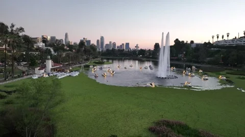 Echo Park Lake Los Angeles Aerial View - Swan Boats at Sunset Stock Footage 340143747
