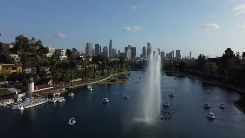 Echo Park, Los Angeles CA Drone Shot of DTLA Stock Footage 171138284