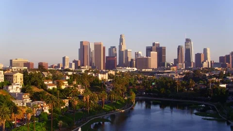 Echo Park with view of Downtown Los Angeles Stock Footage