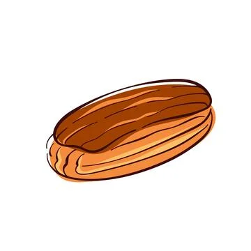 Eclair with chocolate cream in flat style. French bakery design element for food Stock Illustration