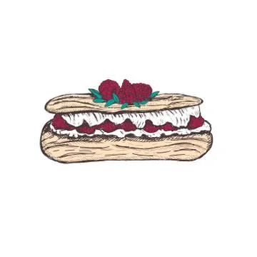 Eclair with raspberry sketch vector illustration. Stock Illustration