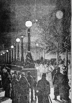 Eclairage des quais de la tamise, histoire de l'electricite par duclau,editeu Stock Illustration