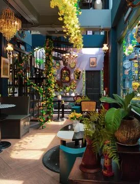 An eclectic and stylish interior featuring vibrant decorations Stock Photos
