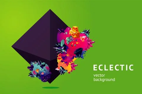 Eclectic futuristic background with 3d object. Bright crystal texture. Chaotic Stock Illustration