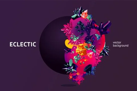 Eclectic futuristic background with 3d object. Bright crystal texture. Chaotic 스톡 일러스트