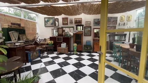 Eclectic Garden Cafe Interior with Vintage Decor and Indoor Plants in Sapanc Stock Footage 342277571