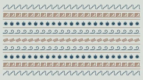 An eclectic horizontal stripe composition combines waves, leaves, shells, g.. Stock-Illustration