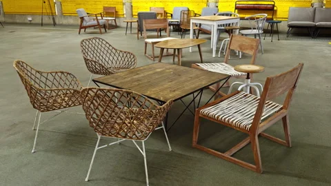 Eclectic Mix of Modern and Rustic Furniture in a Warehouse Stock Footage 274851366
