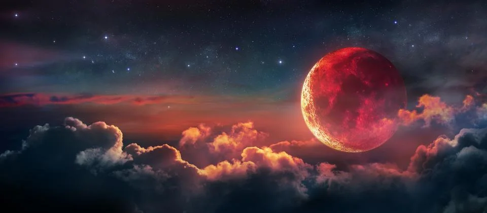 Eclipse - Bloody Moon With Red Surface In the Starry Night Ilustração Stock