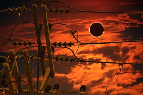 Eclipse on the dark red sunset sky and transparent cloud over power electri.. Stock Photos