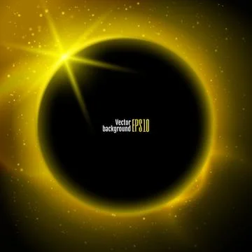 Eclipse illustration, planet in space in yellow rays of light  vector backgro Stock Illustration