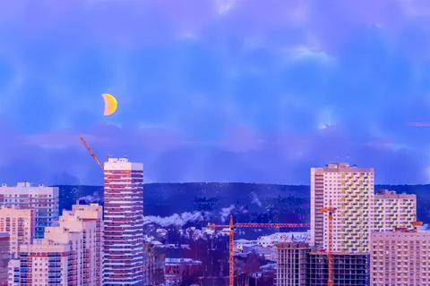 Eclipse of the moon and the sunset of the moon. Watercolor illustration. Yeka Ilustração Stock