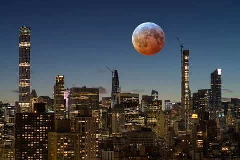 Eclipse Moon Cityscape Stock Illustration