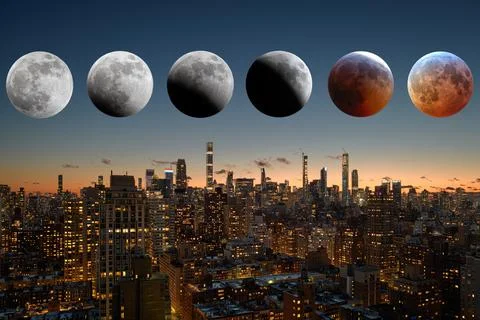 Eclipse Moon Phases Cityscape Stock Illustration