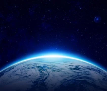 An eclipse of the Sun by Blue Planet Earth with stars in the sky. Foto stock
