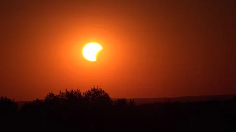 Eclipse Sunset 2026, Sunrise in Forest, Sun Rays in Wood, Mountains Alpine View Stock Footage 345159204