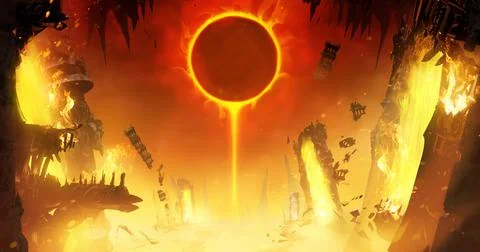 An eclipse of the yellow sun in a hot sky in the middle of the crazy ruins of Illustration