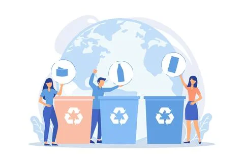 Eco activists sorting garbage. Waste segregation. Disposable system. Ecolog.. Stock Illustration