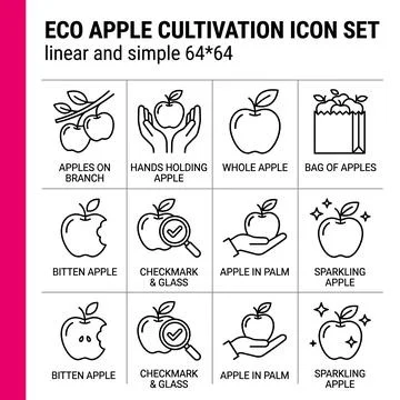 Eco apple cultivation icon set with linear simple outlines for organic farm.. Stock Illustration
