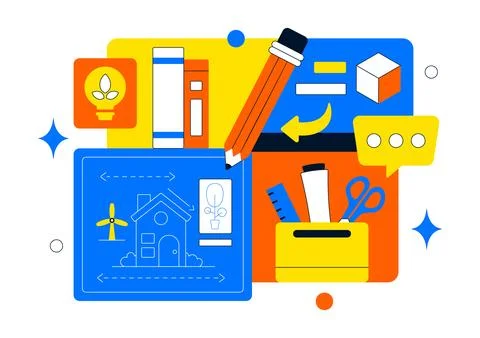 Eco Architecture Blueprint Vector Illustration With Sustainable Building Pl.. Ilustración de archivo