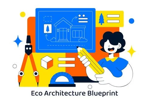 Eco Architecture Blueprint Vector Illustration With Sustainable Building Pl.. Ilustración de archivo