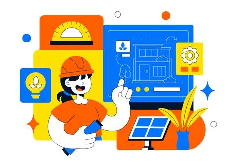 Eco Architecture Blueprint Vector Illustration With Sustainable Building Pl.. Ilustración de archivo