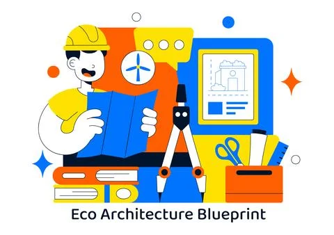 Eco Architecture Blueprint Vector Illustration With Sustainable Building Pl.. Ilustración de archivo