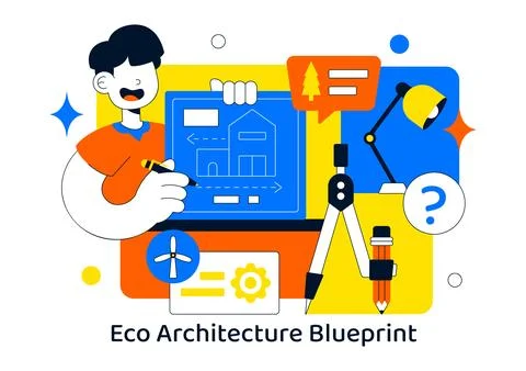 Eco Architecture Blueprint Vector Illustration With Sustainable Building Pl.. Ilustración de archivo