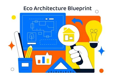 Eco Architecture Blueprint Vector Illustration With Sustainable Building Pl.. Ilustración de archivo