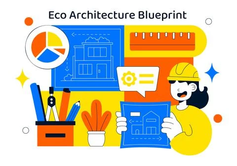 Eco Architecture Blueprint Vector Illustration With Sustainable Building Pl.. Ilustración de archivo