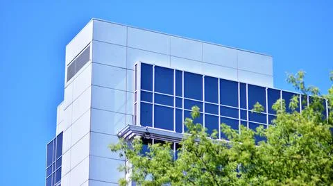 Eco architecture. Green tree and glass office building. Stock Photos