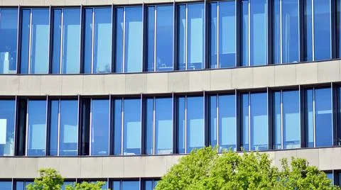 Eco architecture. Green tree and glass office building. Stock Photos