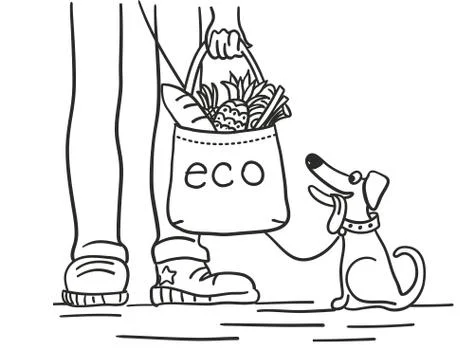Eco bag. Vector black graphic illustration with eco bag shopping and cute dog Stock Illustration