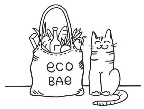 Eco bag. Vector black graphic illustration with eco bag and cute cat isolated Stock Illustration
