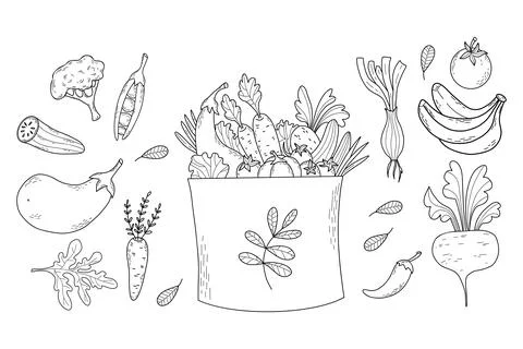 Eco bag with vegetables. Collection vector outline hand drawings. Isolated paper Stock Illustration