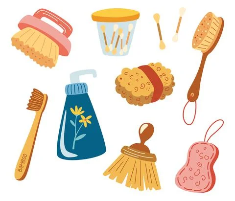 Eco bath items. Bathroom accessories, toiletry. Eco-friendly Sponge, Bamboo T Stock Illustration