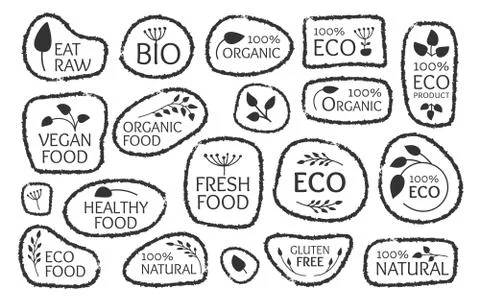 Eco black label leaf bio organic food vector set Stock Illustration