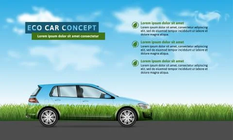 Eco car side view on the nature background realistic vector illustration Stock Illustration