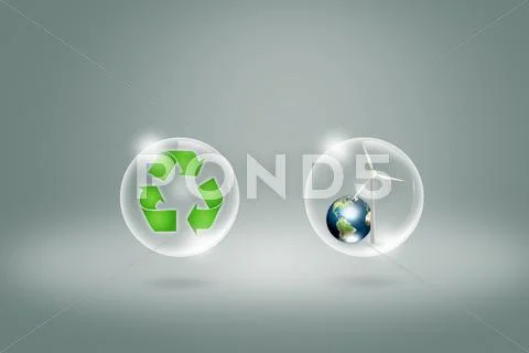 Eco concept : recycling symbol in bubble with earth and turbine in bubble ( Stock Illustration