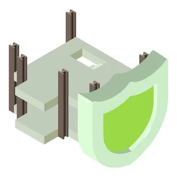 Eco construction icon isometric vector. Shield icon on building frame background Ilustración de archivo