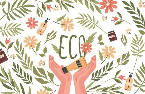 Eco cosmetics vector flat banner design. Hands holding tube of natural organic Stock Illustration