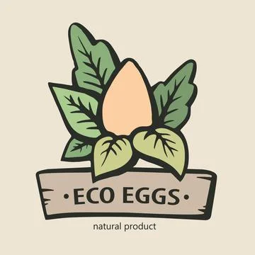 Eco eggs logo. Emblem egg with leafs. Hand-Drawn Vector Illustration. Stock Illustration