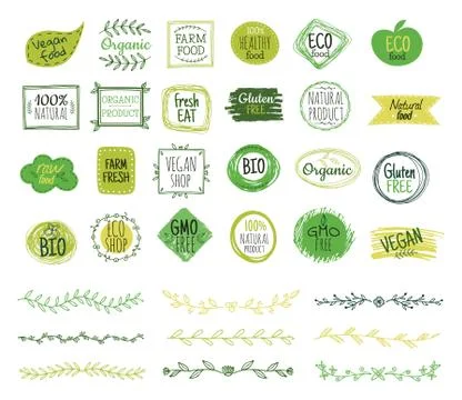 Eco emblems. Organic logo, green leaf borders. Natural fresh food stamps. Doodle Stock Illustration