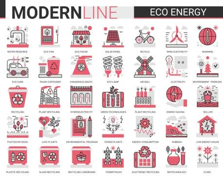 Eco energy complex concept flat line line icons vector illustration set of Stock Illustration