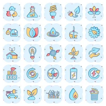 Eco environment icons set in comic style. Ecology cartoon vector illustration Stock Illustration