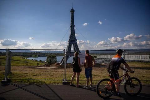 Eco-friendly 3D printed Eiffel Tower brings Olympic fever to Czechia, Most, Czec Stock Photos